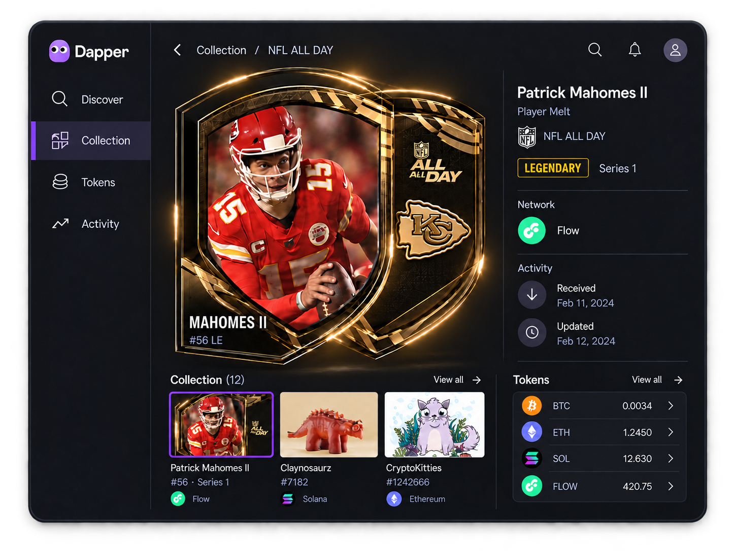 Dapper Collection view featuring a Patrick Mahomes II Flow collectible card, other collectibles, and a separate Tokens area